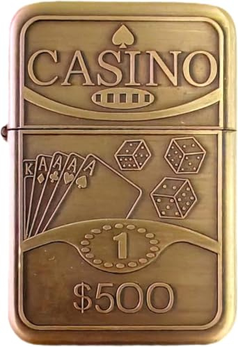 Accendino Meccanico a Benzina Ricaricabile Casino $500 Poker Dadi Carte Metallo Bronzo Anticato