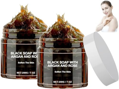 Savons Noirs Marocains,2pc Savon Noir à L'argan et à la Rose,Morocco Black Soap,Savon Noir Marocain avec Argan et Rose,Savon de Bain,Savon Noir du Maroc,Savon Noir Marocain Biologique,200g