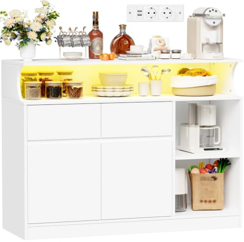 BEWISHOME Aparador de Cocina con Cajones,Regleta y Tira de Luces LED | 100x35x80 cm Mueble Auxiliar de cocina, mueble cocina con 4 Puertas 2 Cajones y Estante Regulable para Salón Comedor Blanco