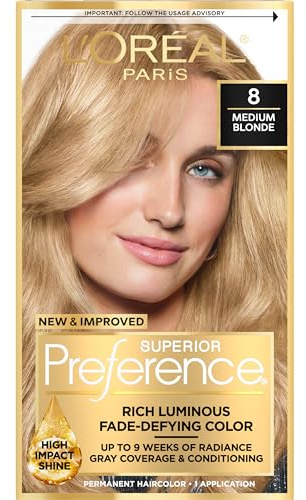 L'Oreal Paris Superior Preference Fade-Defying + Shine Permanent Hair Color, 8 Medium Blonde, Pack of 1, Hair Dye