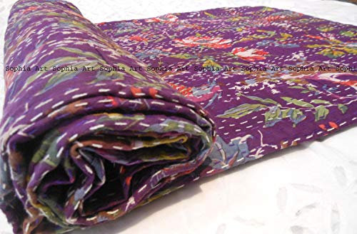 Sophia Art Indische Bohemain-Bettwäsche, Kantha, Vintage, ethnische Baumwolle, Vogel, Kantha, Steppdecke, Tagesdecke, Patchwork-Steppdecke, Queen-Size-Größe, Kantha-Steppdecke (lila)
