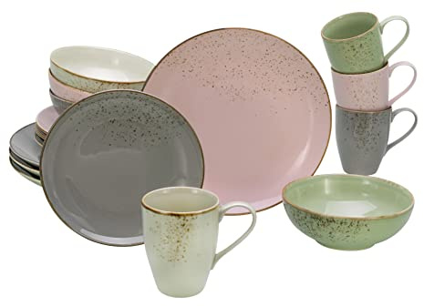CreaTable, 20298, Serie Nature Collection VINTAGE GARDEN, 16-teiliges Geschirrset für 4 Personen, Kombiservice aus Steinzeug, spülmaschinen- und mikrowellengeeignet, Qualitätsproduktion