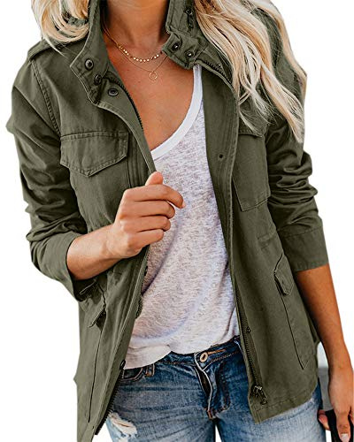 Soulomelody Womens Military Anorak Jacket Zip Up Snap Button Parka Safari Utility Coat Outwear with Pockets X-Large