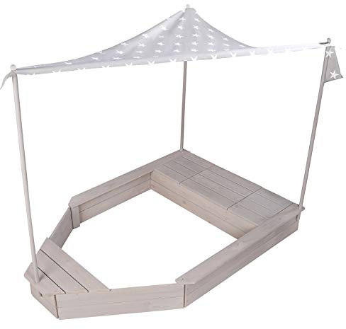 roba Sabbiera per Bambini a Forma di Nave - per Giardino ed Esterno - con Tetto Parasole Apribile - Resistente alle Intemperie - Regalo di Compleanno, Natale, Pasqua - Legno Massiccio - Grigio