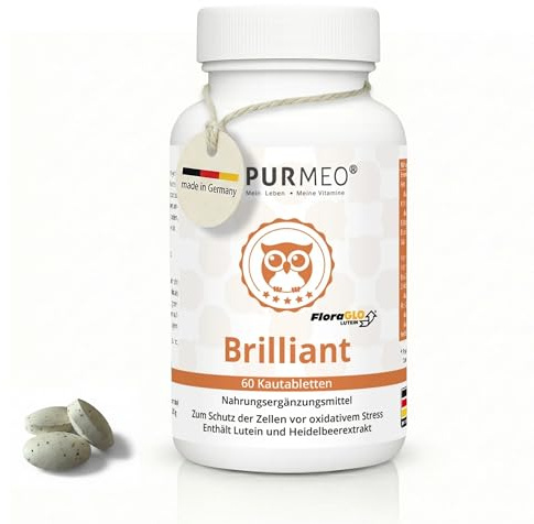PURMEO® Brilliant – Lutein + Heidelbeerextrakt, 60 Kautabletten – mit Lutemax® 2020, Vitamin C und E zum Zellschutz – für Augen und Sehkraft – vegan, laktosefrei, laborgeprüft, Made in Germany