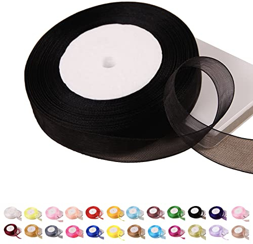 POPOYU 45 m Chiffonband schwarzes,20mmx45m Organzaband Schwarz Schleifenband Hochzeit Geschenkband Hochzeit Tüllband Transparent Satinband Schwarz für Weihnachten Hochzeit Taufe Geburtstag