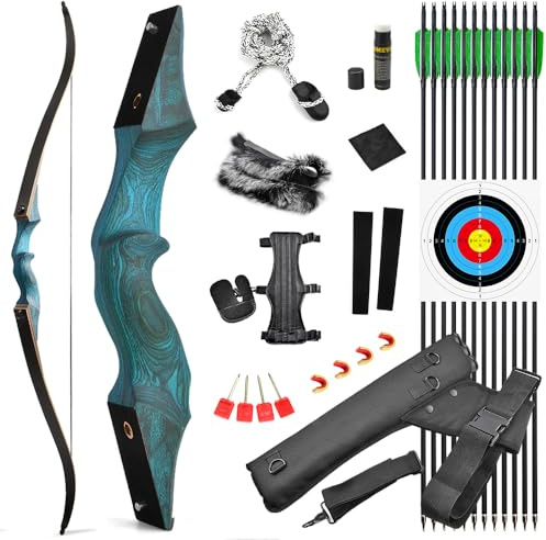 SHARROW 60 Zoll Bogenschießen Takedown Recurve Bogen und Pfeile Set Traditioneller Jagdbogen Erwachsener Holz Bogen Griff 20-60lbs Longbogen für Rechtshand Bogensport (20lbs, Blau Set)