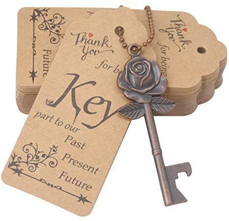 Makhry 52pcs Vintage Skelett Schlüssel Flaschenöffner Hochzeit-Kupfer | Gastgeschenk Set mit Escort Dankeschön Karte und Schlüsselbund,Vintage Hochzeit Souvenir für Gäste Party Dekoration