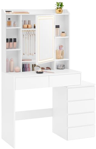 VASAGLE KAILYN Collezione - Toeletta con Luci LED a Luminosità Regolabile, Tavolo da Trucco con Specchio, 40 x 98,3 x 145 cm, Scomparti Aperti, Ripiani Regolabili, Moderno, Bianco Nuvola RDT124WB01