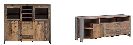 Forte Clif Highboardvitrine mit 3 Türen unf 2 Glastüren, Holzwerkstoff & Clif TV-Unterschrank mit 1 Tür und 2 Schubladen, Holzwerkstoff, Old – Wood Vintage/Betonoptik Dunkelgrau, 161 x 63,9 x 41,6 cm
