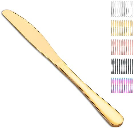 Evanda Coltelli da tavola d'oro 12 pezzi, Set di coltelli da bistecca in acciaio inox con placcatura in titanio d'oro, coltello da burro Set di coltelli Set di posate, lavabile in lavastoviglie.