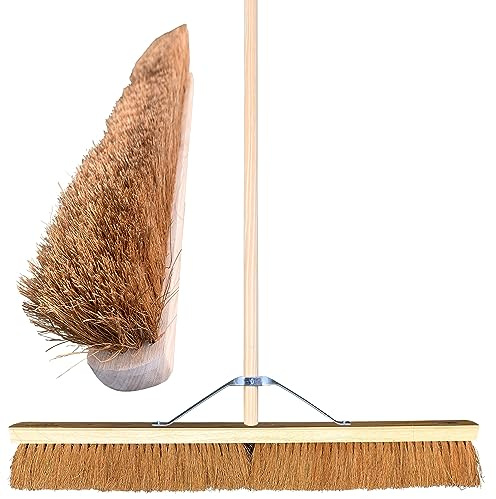 36” Soft Broom Outdoor Yard Brush with Natural Soft Coco Bristle Brush Durable Metal Stay Arm & 120cm Wooden Handle Heavy Duty Broom Yard Outdoor Garden Sweeping Brush