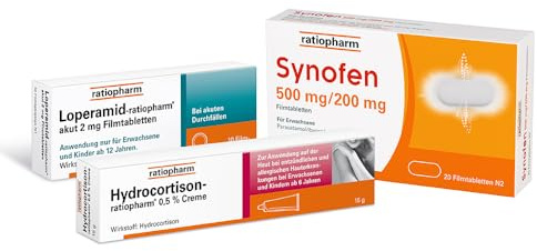 ratiopharm-Reiseapotheke für den Urlaub | Synofen bei Schmerzen, Hydrocortison-ratiopharm® bei sonnenbeanspruchter Haut und Loperamid-ratiopharm® bei Durchfall.