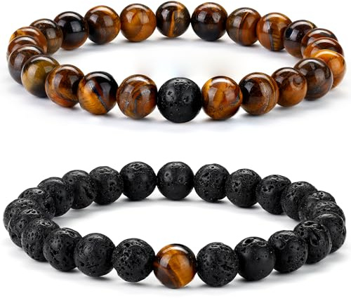 Chriscoco 8MM Perlenarmband Herren Damen Armband Herren Partnerarmbänder Handmade Naturstein Armband Tigerauge Armband Lavastein Armband Männer Armband Pärchen Armband Elastische Armbänder für Herren