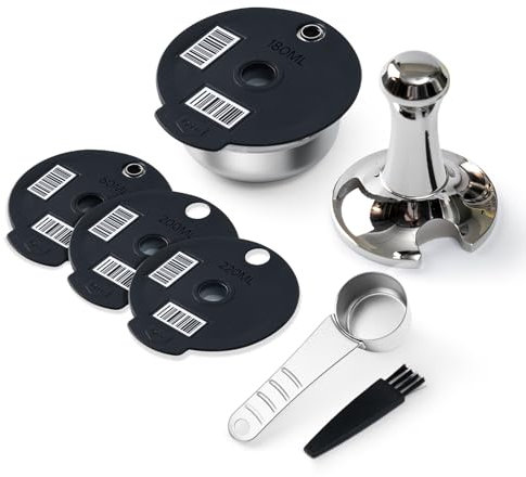 RECAFIMIL Filtre à café réutilisable avec tamper, dosettes en acier inoxydable avec 4 couvercles en silicone noir, 60/180/200/220 ml, compatible avec les machines Bosch Tassimo