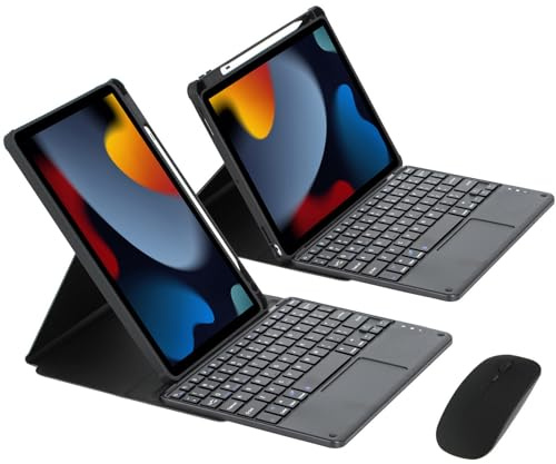 Funda Vertical con Portalápices para iPad 9ª/8ª/7ª generación 10,2 Pulgadas, Cover Inteligente Desmontable Giratoria de 360 con Teclado Bluetooth y Ratón para iPad 10,2 2021/2020/2019, Negro