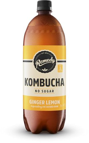 Remedy Kombucha Tea - Ginger Lemon - Sparkling Live Cultured, Naturally Sugar Free Soft Drink - Probiotic for Gut Health - 1 x 1L Bottle