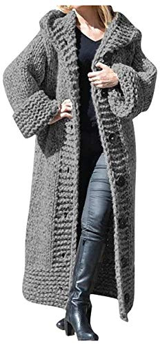 Lange Strickjacke Damen, Strickmantel Damen Mit Kapuze, Strickjacke Mit Knöpfen Damen Langarm Einfarbig Longstrickjacke Mit Taschen Casual Vintage Cardigan Lang Damen Winte Business Pullover Cardigan