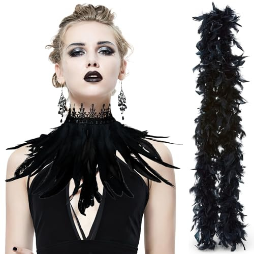 Featherboa Schwarz, Frauen Hals Federn Schwarz, Maleficent Kostüm Damen,Retro Feder Manschette Spitze Flügelhals, Gotische Mesh Hals Karneval Kostüm Rollenspiel Party Zubehör