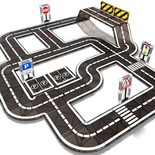 Magnetic Tiles Road Expansion Pack with Traffic Signs, STEM Montessori Learning Toys for Toddlers 3-5 4-8, Sensory Magnetic Building Blocks Creative Birthday Gifts for Boys Girls Kids 28 PCS