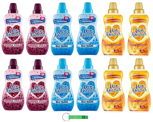 12 confezioni di prova Felce Azzurra Mon Amour Ammorbidente Concentrato – Ammorbidente Concentrato Blu Mare – Oro e Argan – Viola Ninfea 26 lavaggi 650 ml + portachiavi Beni Culinari