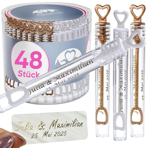 EinsSein personalisierte Seifenblasen Hochzeit Herzgläschen bronzegold-Weiss 48 Stück | Seifenblasen mit Aufkleber als Gastgeschenke auch für die Taufe Geburtstag Party | Hochzeitsseifenblasen |