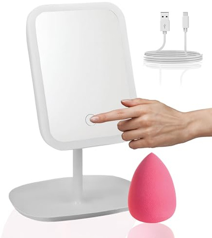 VANITY 24/7 Specchio Trucco Con Luci Led Regolabili, 3 Tonalità (fredda, Naturale e Calda), Ricaricabile Usb E Rotazione 360° - Perfetto Per Il Make-up Quotidiano + Spugna Per Make-Up.