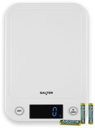 Salter Toronto Digital Kitchen Scale 5 Kg, Aquatronic, White | 1 g increments, Tare function for add-and-weigh, Metric and imperial units, Backlit LCD display, Touch-sensitive buttons