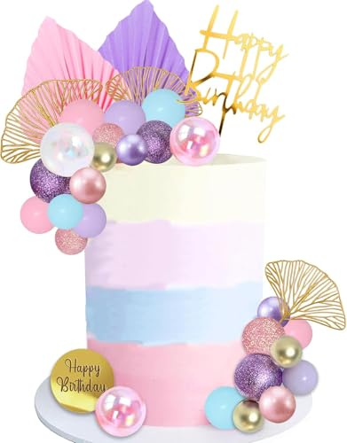 Décoration Gâteau Violettes et Roses 32 Pièces Deco Gateau Pailleté Pastel Boule Cake Topper Bleues Feuilles de Palmier et Feuilles de Ginkgo Cake Topper pour Anniversaire, Mariage,Les Baptêmes