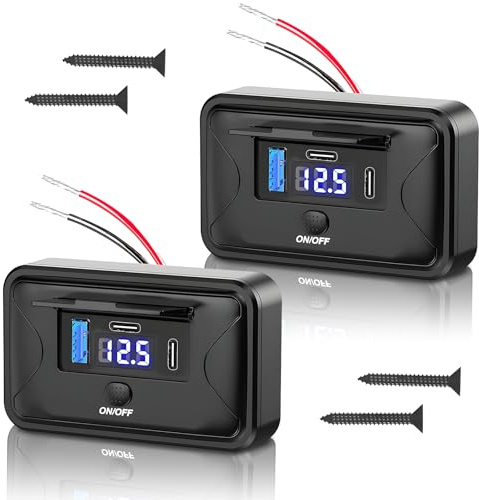 2 Pack USB Steckdose 12V / 24V, Dual PD3.0& QC3.0 Max 90W Auto Anschluss, Ladegerät Auto mit LED-Spannungsanzeige und Knopfschalter, für Wohnmobil, KFZ, Schifffahrt, Motorrad