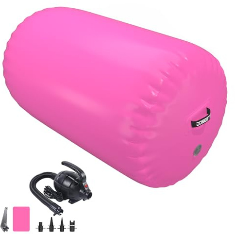 DOBESTS Luftrulle, uppblåsbar luftskoter, gym lufttrumma luftrullar, gymnastikmatta, tumbling-matta, yogamatta med pump för träning, rosa 100 x 60 cm