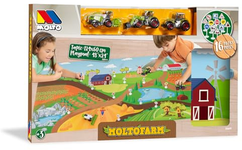 MOLTO | Tapis de Jeu Ferme avec 3 tracteurs et 12 Signes Moltó Farm Playmat – Jouet éducatif avec Illustrations de la Ferme – Idéal pour Les Enfants à partir de 3 Ans – 124 x 60 cm
