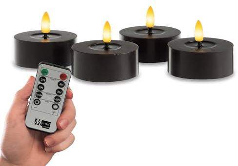 Meisterhome® LED-Teelichter 4er-Set Kerzen Schwarz – flammenlos mit flackerndem Licht – Ø 7 cm, Höhe 3 cm – aus echtem Wachs – mit Timer & Fernbedienung – batteriebetrieben – warmweißes Licht