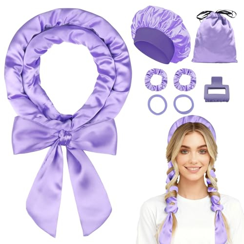 Ystrybo Satin Heatless Curls Band, Lockenwickler über Nacht Locken ohne Hitze für lange Haare, Overnight Curls Lockenband Locken über Nacht, Lockenwickler ohne Hitze Set mit Bonnet – 8 PCS, Lila