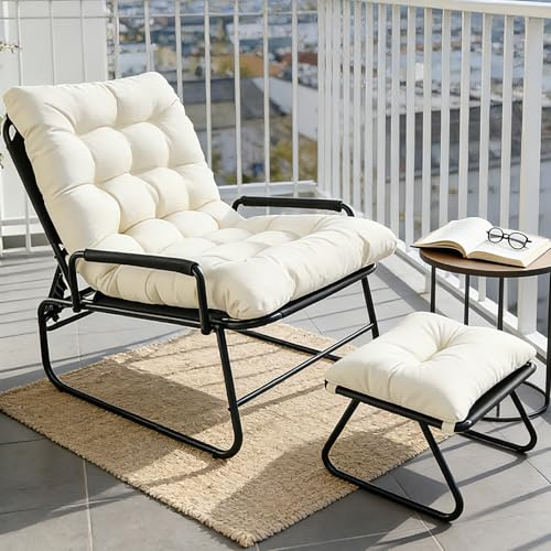 Cozykimo Gartensessel Sonnenliege Klappbar, Liegestuhl 150 Kg mit 5 cm Dicker Auflage, Gartenstuhl Hochlehner, Lounge Sessel GartenstüHle mit Hocker Verstellbare Rückenlehne (White)