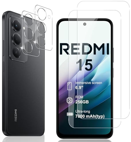 Locofun Schutzfolie für Xiaomi Redmi 15 5G/4G für Panzerglas + Kameraschutz | 9H Härte Panzer Schutz Glas und Kameraschutz Folie [2+2 Stück], Anti-Kratzer Displayschutzfolie Schutzglas