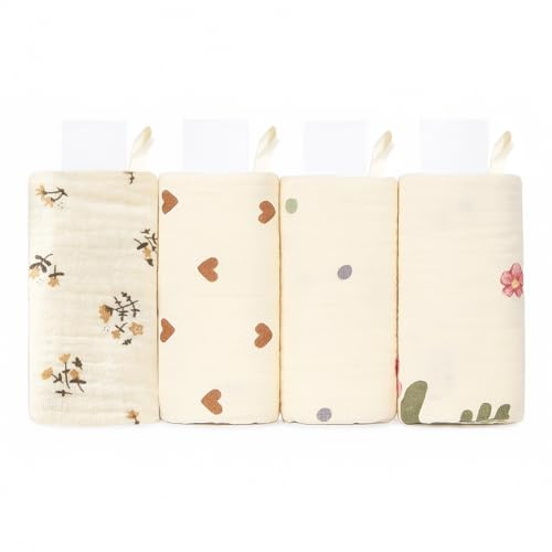 4 toallas de muselina de algodón para bebé, muselina de grano supersuave y absorbente, unisex, para niñas y niños, 25,5 x 27,5 cm, estampado floral
