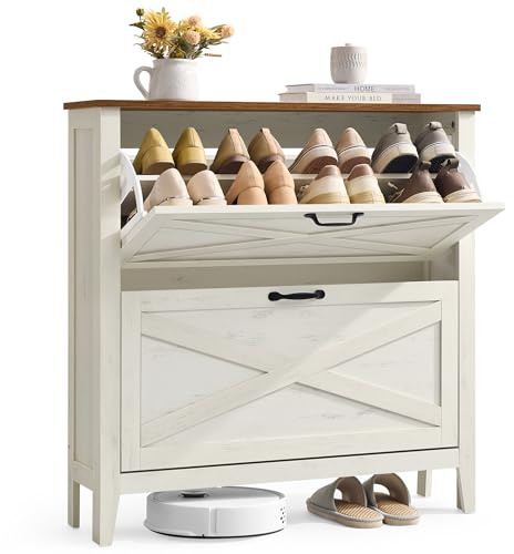 VASAGLE Mueble Zapatero con 2 Cajones Abatibles, Estilo Rústico | LIRY Colección - Zapatero Estrecho Independiente para Entrada, para 12 a 16 pares, HSC201W01