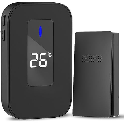 Timbre Inalámbrico, HommyFine Enchufable Timbre Inalámbrico Exterior, 38 Melodías Ajustables, 4 Niveles de Volumen, Doorbell Indicador LED, No Necesita Batería Timbre Inalámbrico (Negro 1+1)