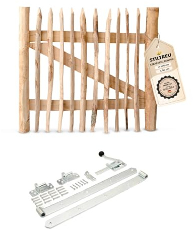 STILTREU Classic Staketenzaun-Tor Set (silber) aus Edelkastanie (Breite 100 cm x Höhe 90 cm)