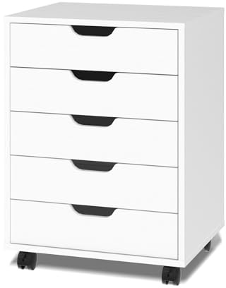 Bonnlo Wooden File Cabinet,5 Drawers File Organiser, Lateral Stationery Vertical Rolling Storage Chest, Under Desk Filing Organiser for Home Office (White)