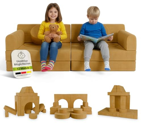 Juskys® Kindersofa Kayo – Cord, modular & weich, Sofa für Kinderzimmer & Spielzimmer, sicher, flexibel, pflegeleicht, mit abnehmbaren Bezügen – Gelb