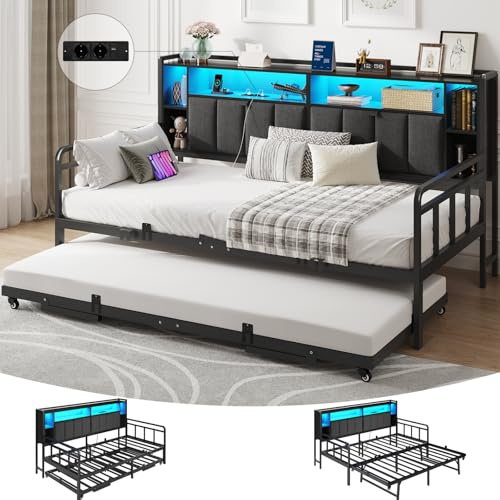 Brinlawb Schlafsofa mit Ausziehbett, Tagesbett 90x200/180x200 cm mit LED Beleuchtung & Ladestation (2 AC-Steckdosen + 2 USB-Anschlüsse), Ausziehbares Bett Praktisches Gästebett für Wohnzimmer, Schwarz