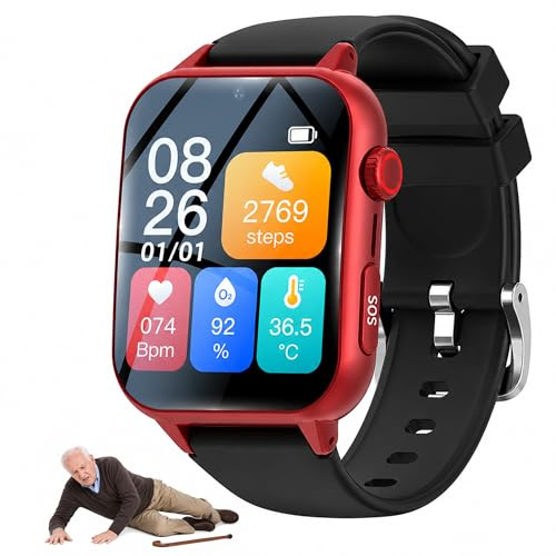 PEIKVOUL 4G Senioren Smartwatch mit SOS Notruf, GPS Ortung und Sturzerkennung, Videoanruf, Zwei-Wege-Telefonie, IP67, Notruf Uhr für ältere Menschen, SIM Karte erforderlich (Rot)