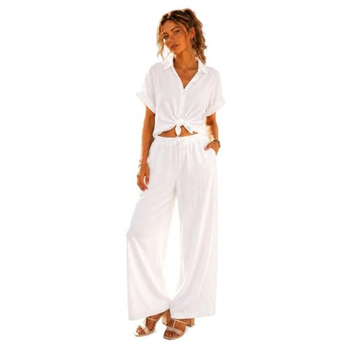 FEZI Completo Donna Estivo 2 Pezzi – Set Coordinato Elegante, Top e Pantaloni Wide-Leg, Completo Leggero per Vacanze, Mare e Relax, Outfit Estivo Casual Chic [Bianco, Taglia unica]