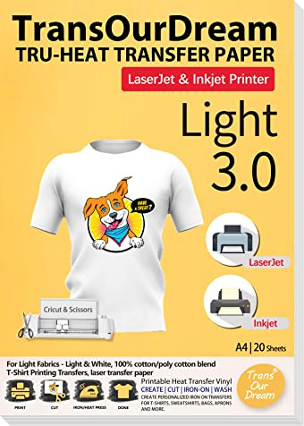 TransOurDream Tru-T Shirt Transfer Paper 20 Sheets A4 Iron On Transfers for Inkjet & Laser Printer Printable HTV Heat Transfer Vinyl for White and Light Fabrics,Easy to Cut(TOD-03-20)