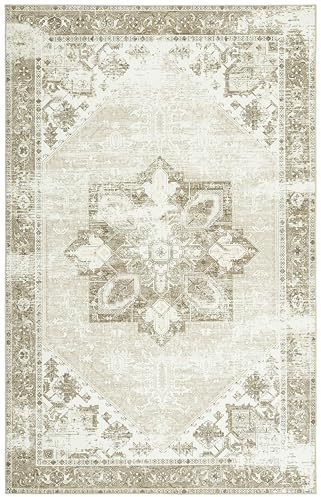 Safavieh Alfombra Tradicionales Rug Ideal para áreas de Alto tráfico - Lavable a máquina y Antideslizante - Tucson Collection, Pelo Corto, in Salvia y Marfil, 120 X 180 cm