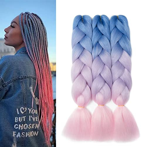 Gairyan 24 Meches pour Tresses Africaine Braids Meches Tresse Cheveux Rajout Cheveux Tressage 3 Paquets Crochet Braids Extension de Cheveux Afro pour Tresse Ombre Synthétiques (Bleu-Violet-Rose)