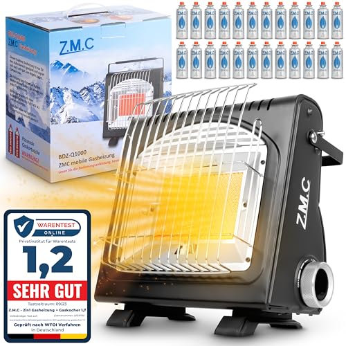 Z.M.C Chauffage à gaz portable 2 en 1 + 24 cartouches de gaz de 227 g - Chauffage de camping en céramique - 1,7 kW - Chauffage à gaz pour extérieur et terrasse, jardin et balcon - Chauffage mobile