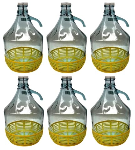 6 botellas de cristal de 5 l, con cierre de tapa y cesta - Dama cristal 5L para agua y vino aceite - Botellas de cristal para almacenamiento